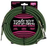 Ernie Ball 6077 Шнур инструментальный JACK 1/4" (прямой) ⇔ JACK 1/4" (угловой), 3м., чёрный/зелёный