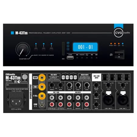 CVGaudio M-43Tm Микшер-усилитель трансляционный, 40W/100V, модуль MP3 (USB/SD), FM тюнер