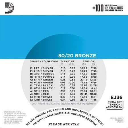 Набор струн для 12-струнной акустической гитары D`ADDARIO EJ36