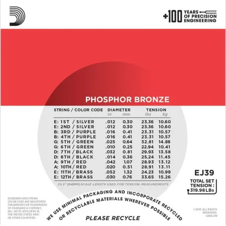 D'Addario EJ39 Набор струн для 12-струнной акустической гитары, размер 12-52
