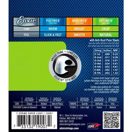 Elixir 12007 NanoWeb Набор струн для 7-струнной электрогитары, размер 9-52