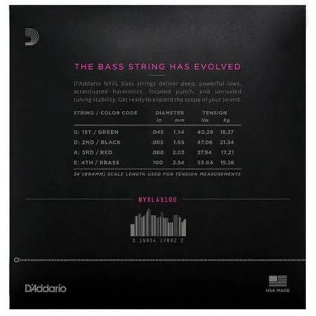 D'Addario NYXL45100 Bass Light набор струн для 4-струнной бас-гитары, размер 045-100