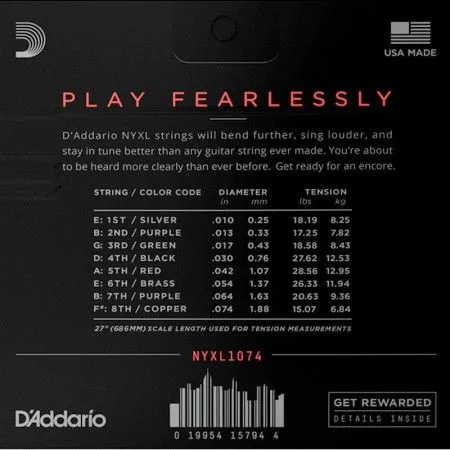 D'Addario NYXL1074 Набор струн для 8-струнной электрогитары, размер 10-74