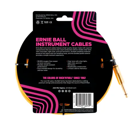 Ernie Ball 6070 Шнур инструментальный JACK 1/4" (прямой) ⇔ JACK 1/4" (угловой), 7.62м., золотой