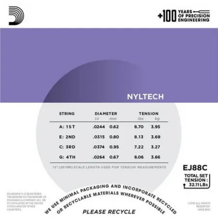 D'Addario EJ88C Набор струн для укулеле концерт, размер 24-31-37-26