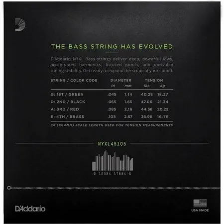D'Addario NYXL45105 набор струн для 4-струнной бас-гитары, размер 45-105
