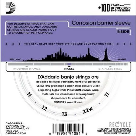 D'Addario EJ57 Набор струн для банжо, никель, размер 11-12-13-22w-11