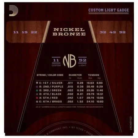 D'Addario NB1152 набор струн для 6-струнной акустической гитары, размер 11-52