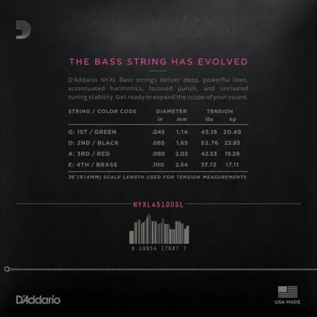 D'Addario NYXL45100SL Набор струн для бас-гитары, 4 струны, размер 45-100